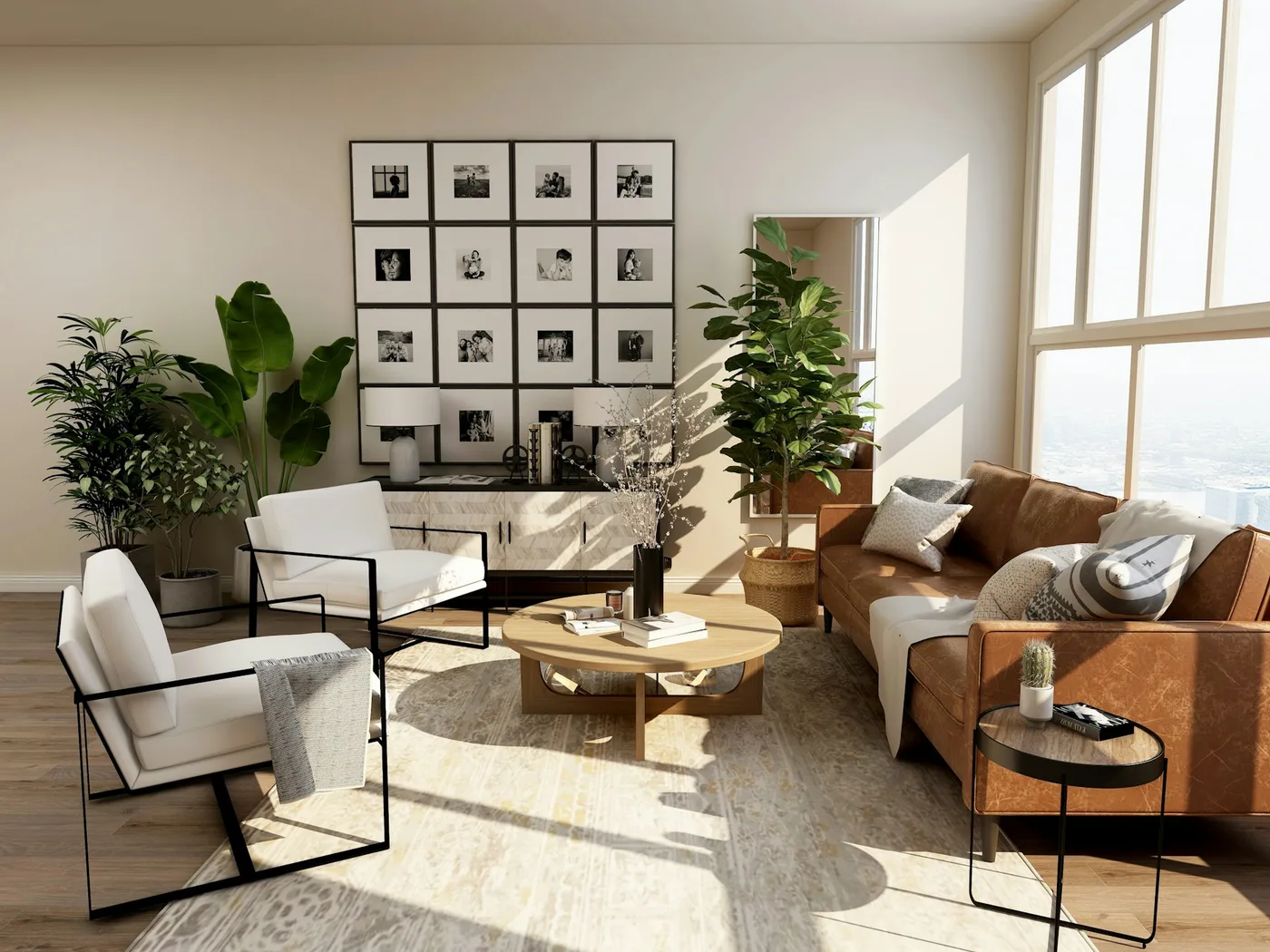 A warm, light-filled contemporary living room presented for luxury property marketing